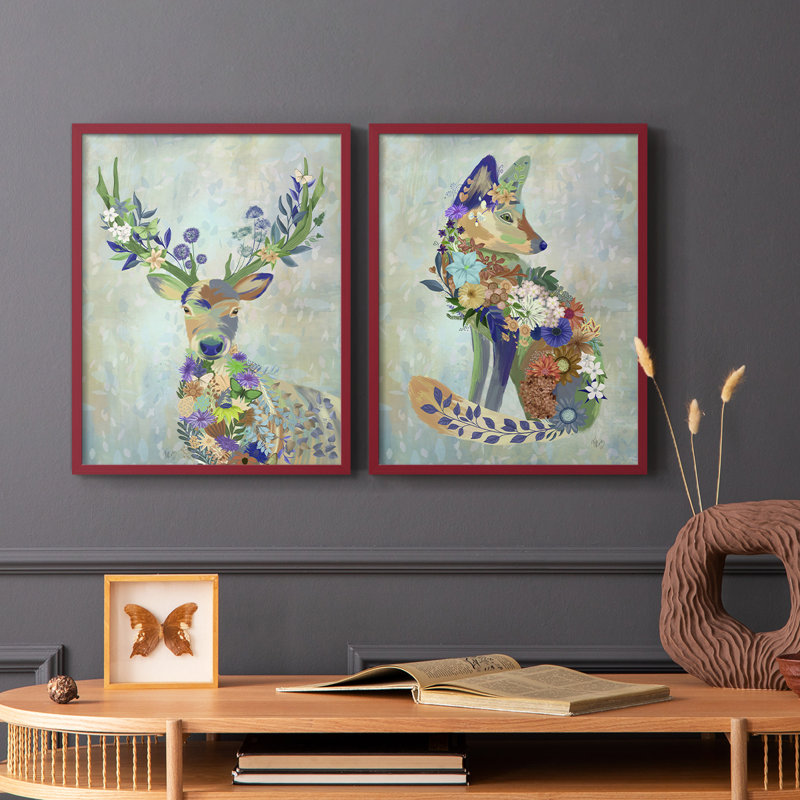 Fantastic Florals Deer, Portrait - reproduction encadrée de qualité supérieure - prête à être accrochée - aucun clou requis - aucun clou requis