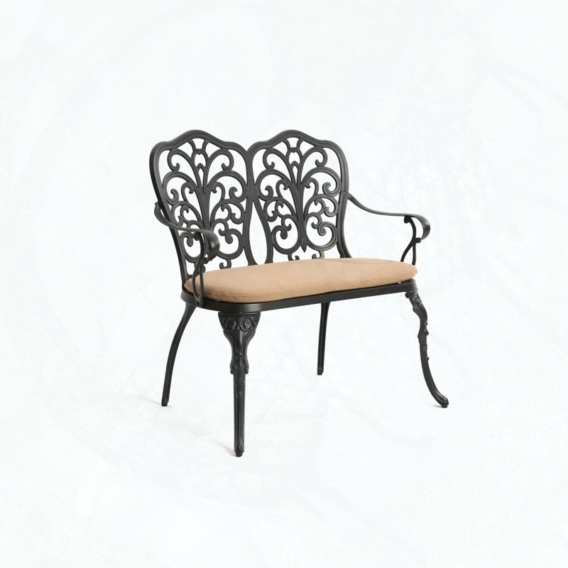 Cast Aluminum Outdoor Garden Bench with Tulip Pattern and Cushion, Black