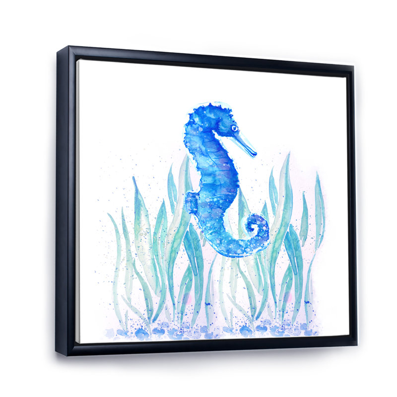 Hippocampe bleu - art mural sur toile traditionnel, H 16 po x l 16 po x P 1 po, Cadre flottant noir