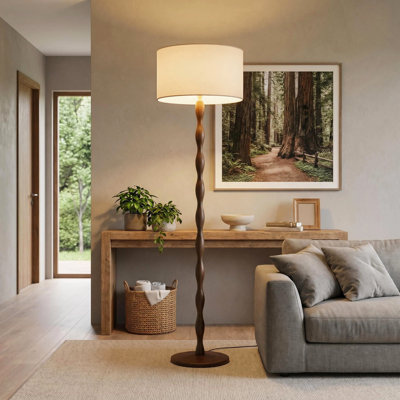 Lampe sur pied 65 po en bois massif nordique avec abat-jour tambour en lin 18 po, base en bois d'hévéa finition noyer, douille E26, interrupteur au pied, homologué UL, ampoule non incluse, pour le salon, la chambre à coucher, le bureau et le bureau