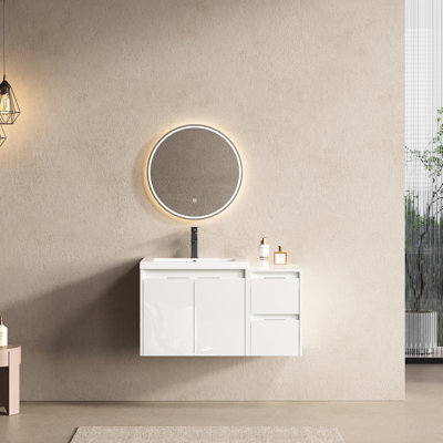 36" Bathroom Vanity With Resin Sink, Stainless Steel Soft - Closing Hinges, 2 Doors, 1 Side Cabinet, Glossy Finish Modern White Vanity, Close Ample Storage