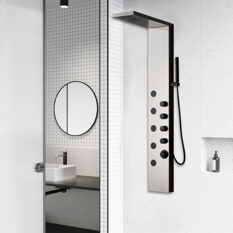Panneau de douche moderne à 5 jets de pluie, Noir mat/nickel brossé