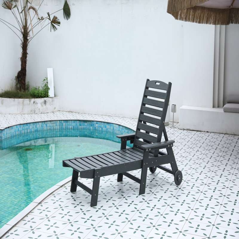 Oversized Outdoor Chaise Lounge Chair With 5 Adjustable Positions, HDPE, Wheels & Cup Holder For Patio, Poolside, Grey, Gray