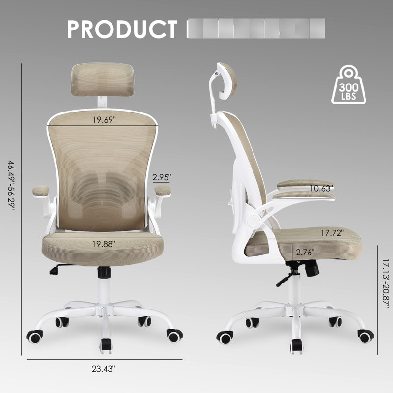 Ergonomic Desk Chair With , Elastic Sponge Cushion, And Breathable Mesh - White & Khaki High Back Computer Lumbar Adjustment, Space Saving Design