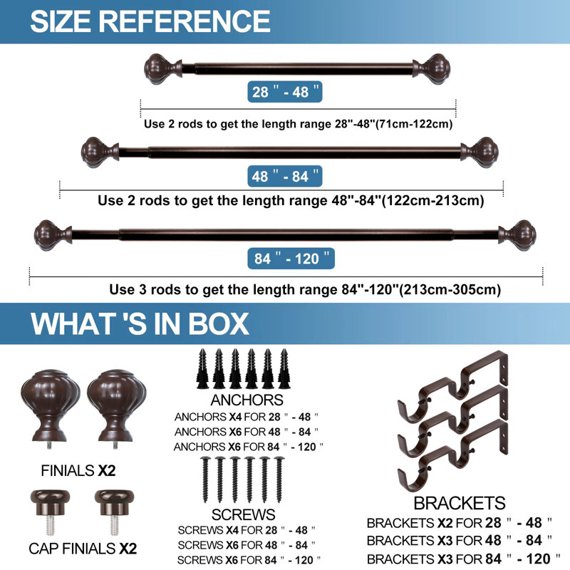 Bradbury Double Curtain Rod, Bronze, 1" H x 120" W x  1" D