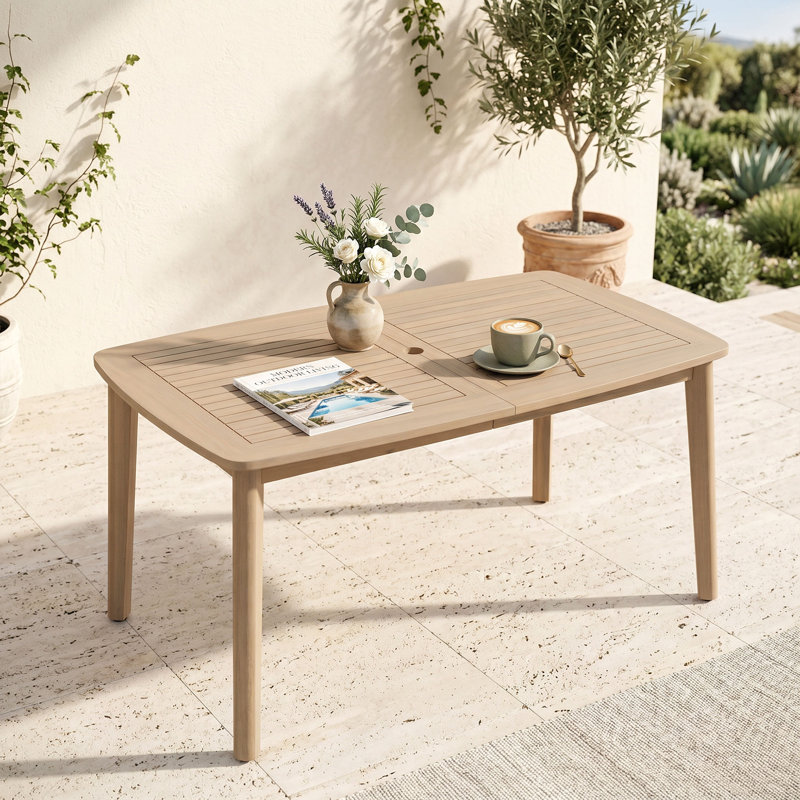 Table de salle à manger extérieure en bois d'acacia avec trou pour parasol