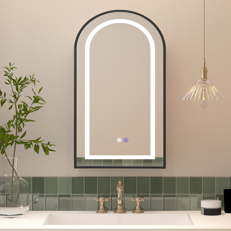 Armoire à pharmacie arquée avec éclairage, miroir encastré à DEL avec rangement pour salle de bain, armoire de salle de bain rectangulaire en acier inoxydable avec cadre en métal et miroir noir 20 x 36 po
