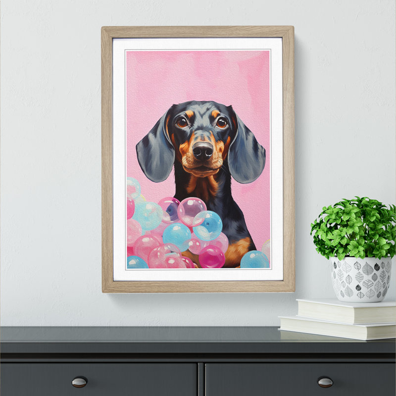 Dachshund Bubble Gum No.3 - Single Picture Frame Print on Wood, Oak, 64cm H x 46cm W x 2cm D