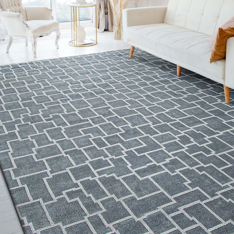 Hand Knotted Abstract Area Rug in Blue/Gray, Rectangle 8' x 10'