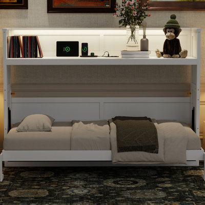 Lit simple TG avec bureau, DEL, charge. Blanc. Fabriqué à partir de bois massif et pour l'éclairage d'un bureau à domicile ou d'une chambre d'amis. Finition blanche. Fabriqué en utilisant