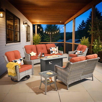 7 - Person Wicker Outdoor Conversation Set, Patio Sofa & Swivel Chair Set with Fire Pit and Cushions