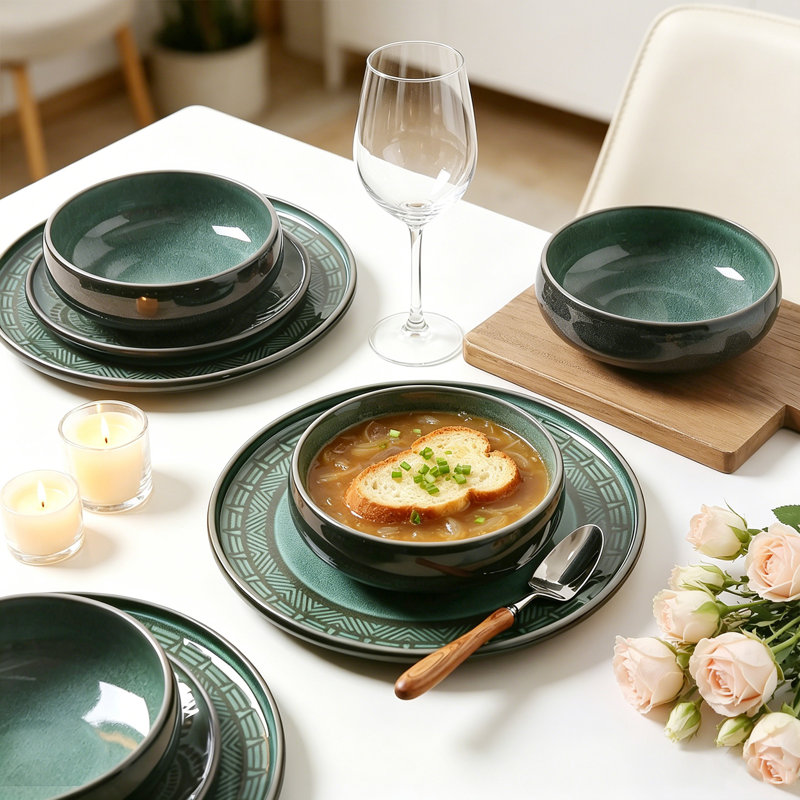 Service de table en grès 12 pièces Lotus Service - pour 4, Noir/vert