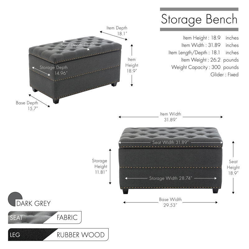 Winston Porter Berg Fabric Storage Bench with Wooden Legs, Dark Gray