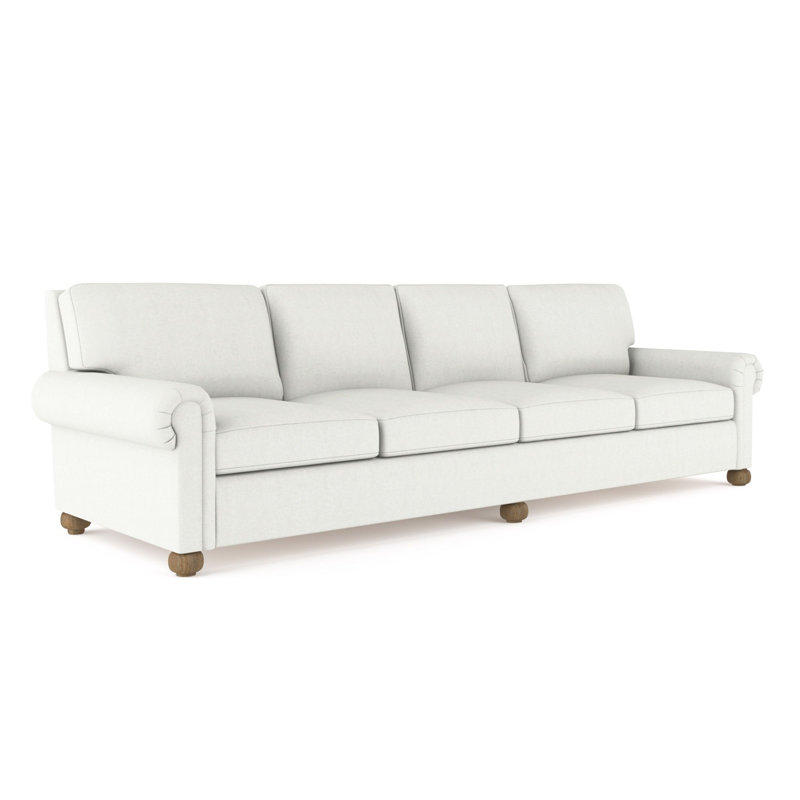 Canapé extra long à panneau roulé avec pieds en oignon Leroy, Patiné, Velours moelleux blanc, H 36 po x l 120 po x P 43 po