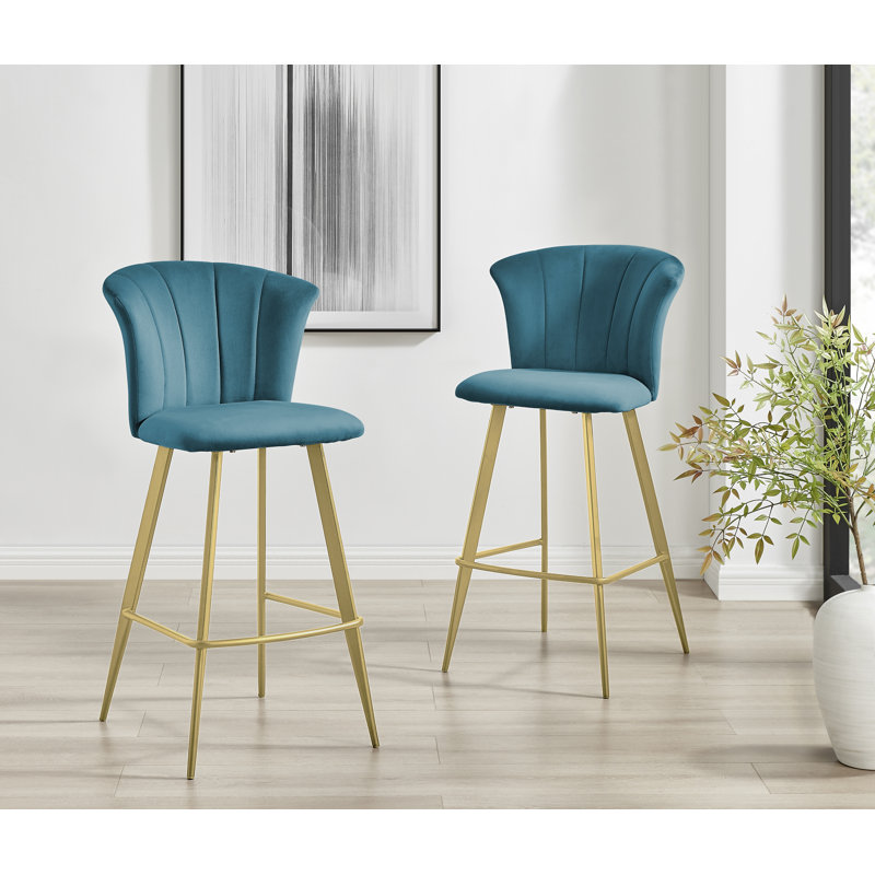 Juni Elegant Breakfast Bar Stool in Deco Style & Luxury Velvet, Blue, Gold