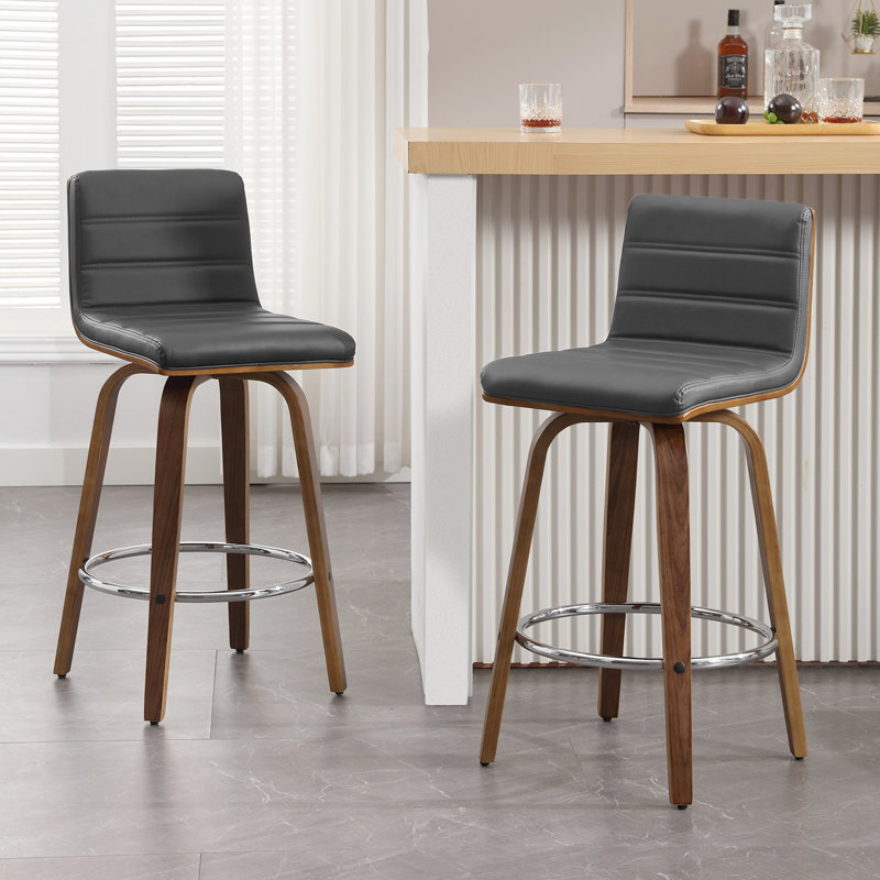 65 CM Swivel Bar Stools With Back Faux Leather Upholstered, 2, Grey