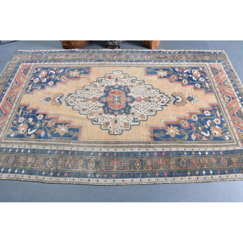 Tapis turc Oushak fabriqué à la main en beige pour le salon ou le décor boho bleu / brun