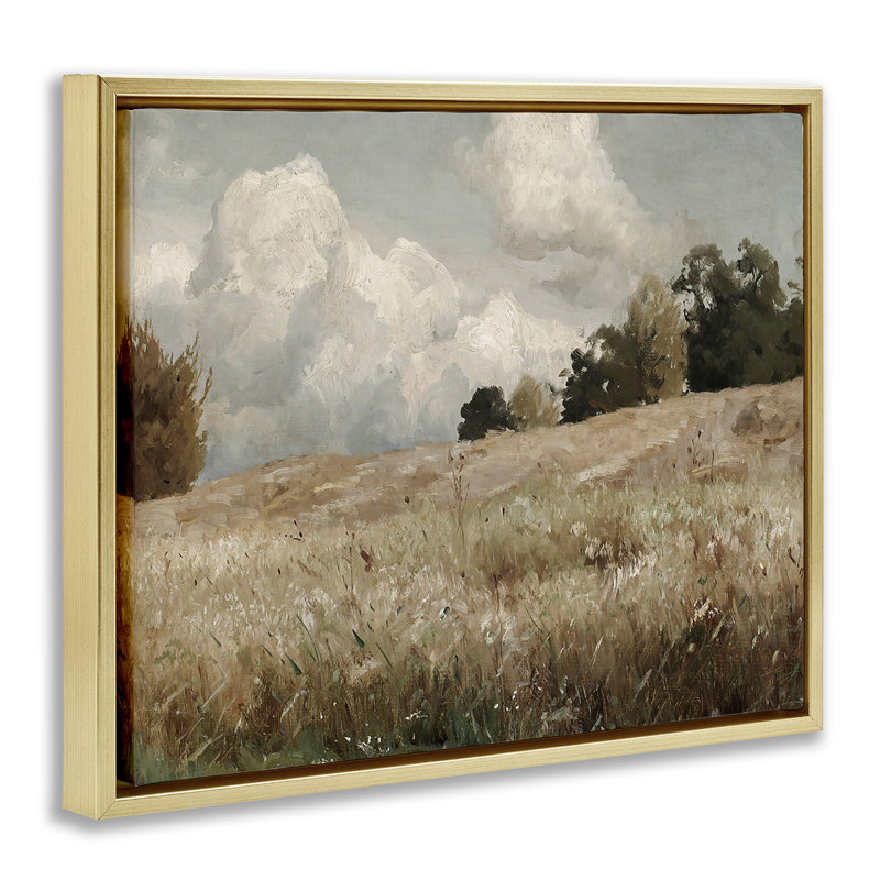 Paysage classique de champ nuageux, H 17 po x l 21 po, Cadre flottant métallique doré