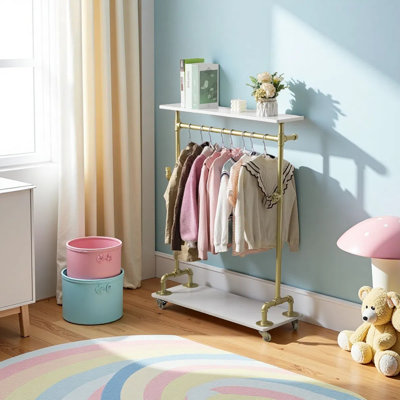 Porte-vêtements pour bébé, porte-vêtements pour petits enfants avec tablette de rangement inférieure, porte-manteaux pour manteaux pour enfants, porte-vêtements de danse en métal pour suspendre les vêtements, doré