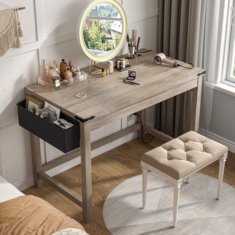 Petit bureau d'ordinateur avec prise de courant, bureau à domicile pour chambre à coucher, bureau d'écriture avec sac de rangement