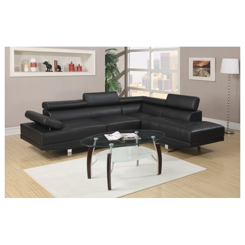 Canapé modulaire en L en similicuir noir avec appuis-tête réglables, méridienne orientée vers la droite et configuration de canapé orienté vers la gauche