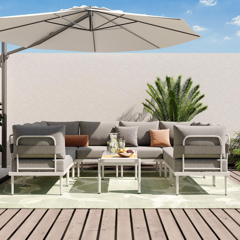 9 Pieces Metal Patio Furniture Sets, Outdoor Sectional Sofa Set With 6-inch Olefin Cushion, Outdoor Furniture Set For Balcony, Patio & Courtyard, White