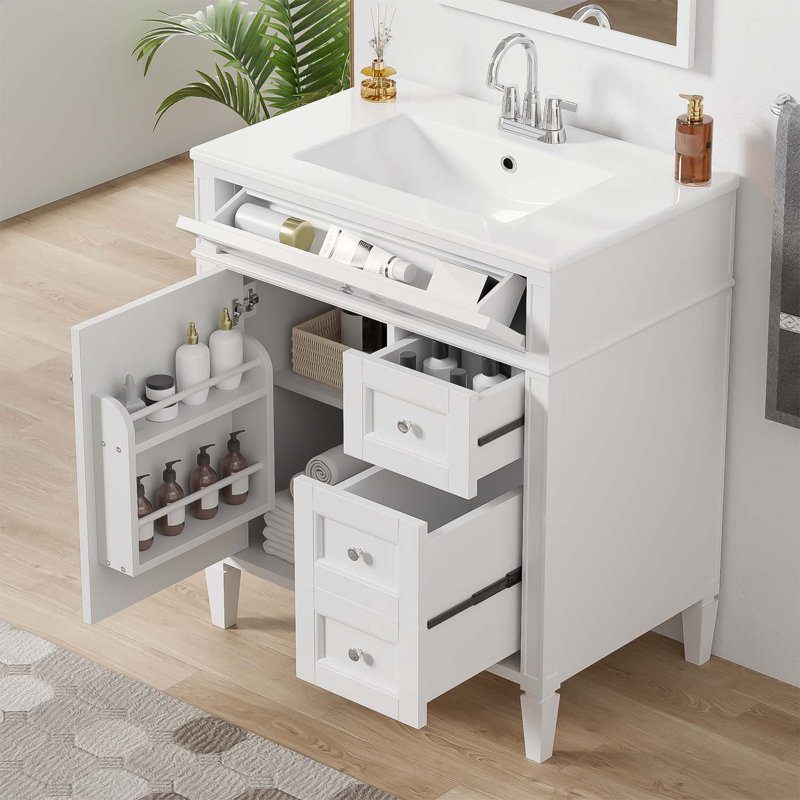 Charmant meuble-lavabo avec rangement extraordinaire et design élégant, Blanc, Argent argent