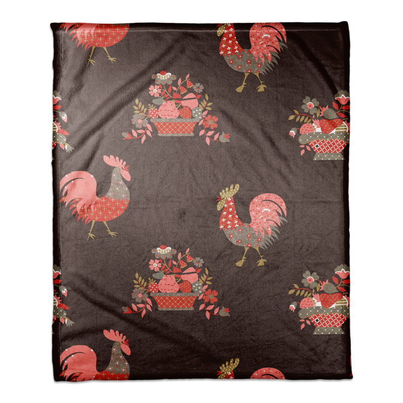 Jeté à motif coq , Brun / rose / rouge
