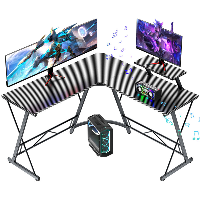 Bureau de jeu en coin en L 51 po noir, surface en fibre de carbone avec lumières DEL, haut-parleurs intégrés et support pour écran