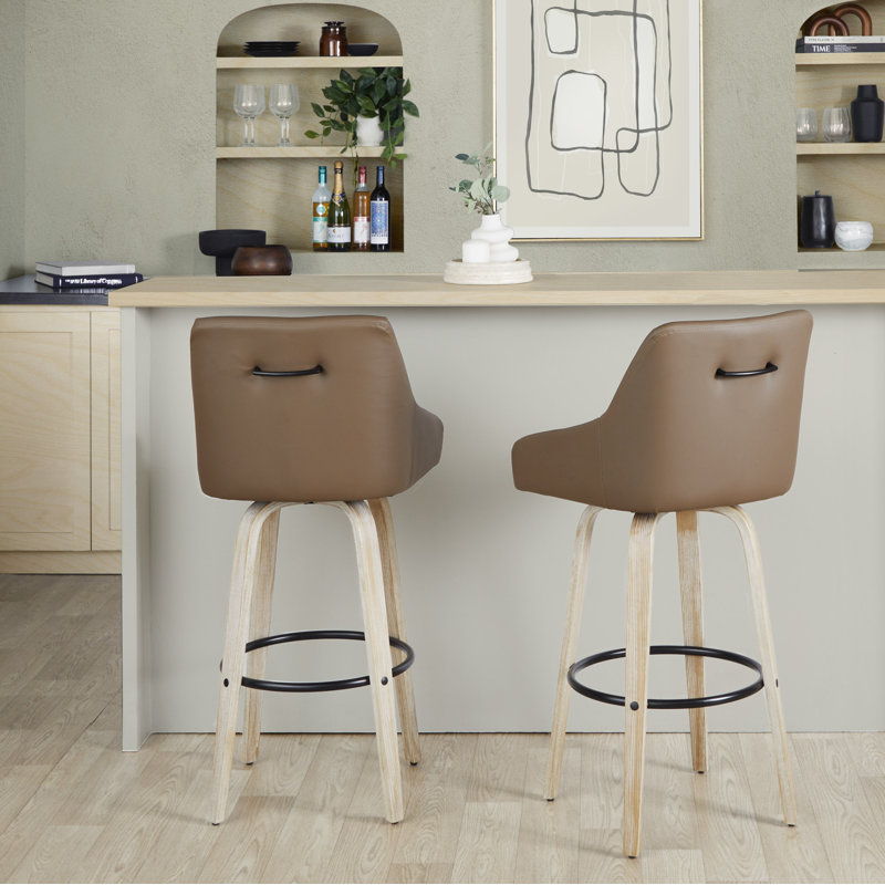 Tabourets de bar à hauteur fixe de 30 po avec pieds en bois cintré et repose-pieds Harper, Whitewashed/Black, Similicuir brun
