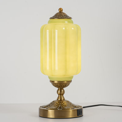 Buckminster 1-Light Lantern Table Lamp with Green Glass Shade for Bedroom