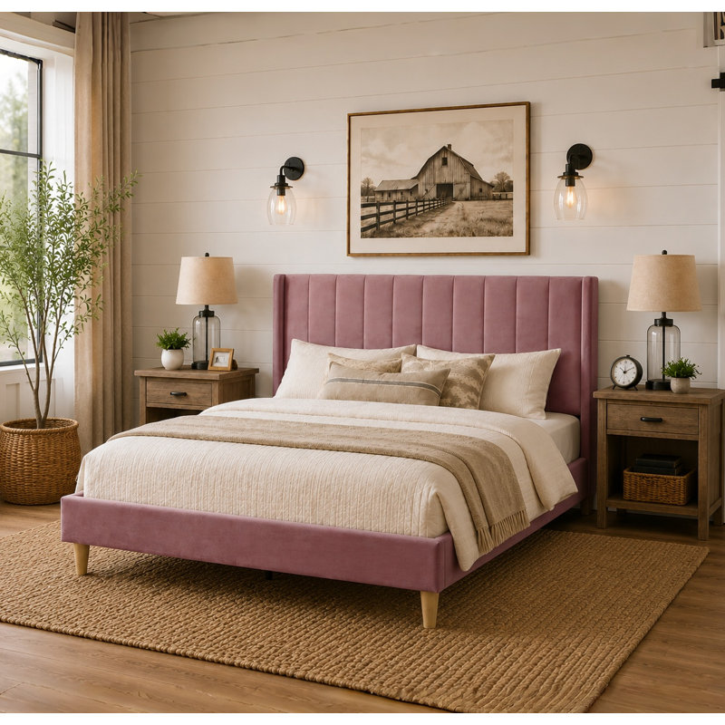 Lit plateforme tapissier avec tête de lit à oreilles Eriksay, Grand, Velours rose