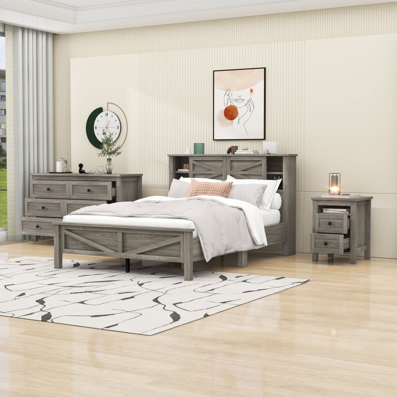 Ensemble de chambre à coucher, lit plateforme, table de chevet et commode avec tiroirs 3 pièces Halldin, Complète