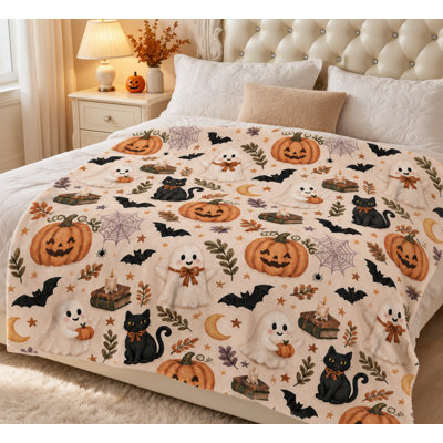 Jeté d'Halloween fantôme citrouille et chat noir Sherpa, couverture décorative douillette pour canapé, canapé et lit