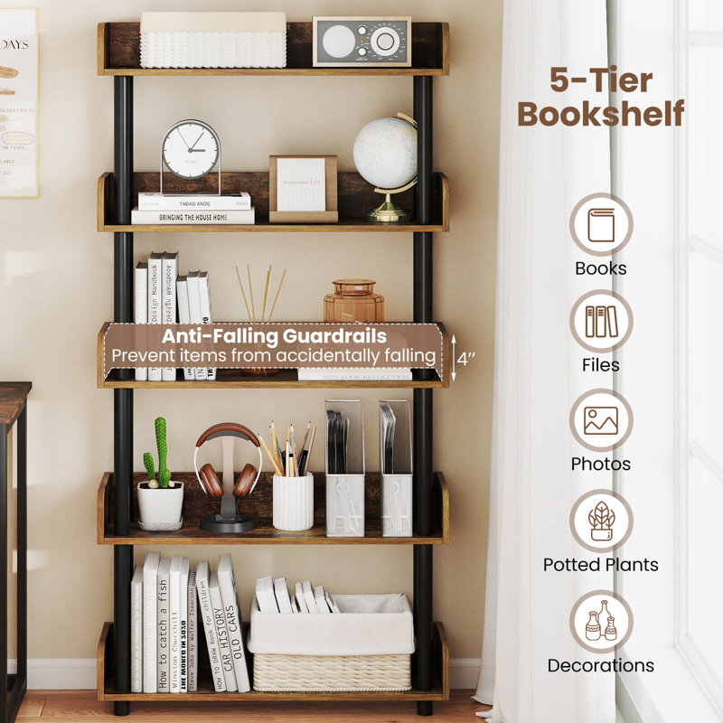 2 PCS 5-Tier Bookshelf Open Bookcase with Anti-Tipping Kit Storage Unit for Bedroom Black, Black, 2