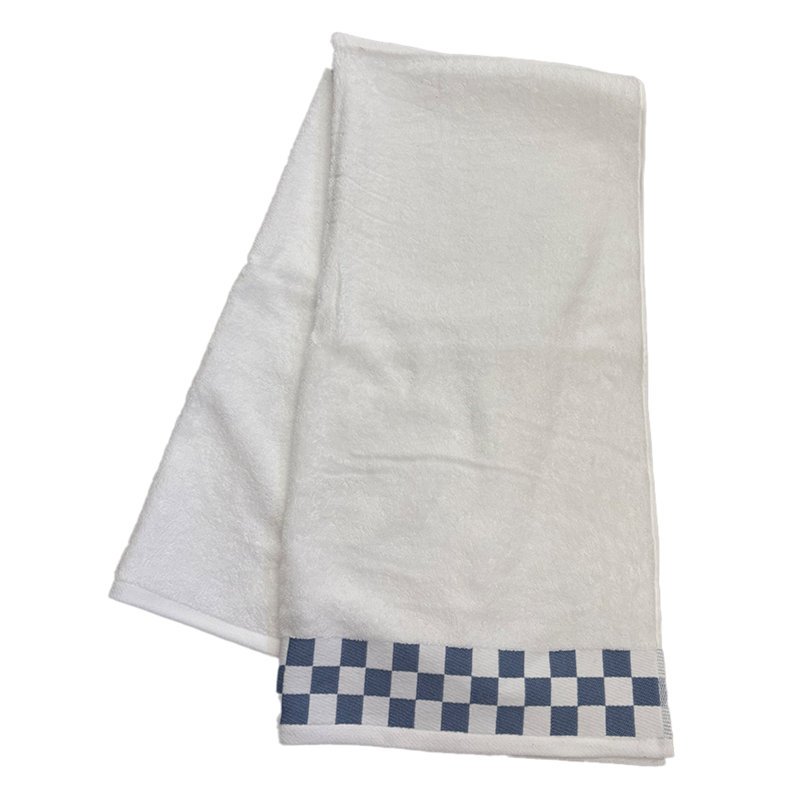 Bath Towel With French Blue Check Border, Blue