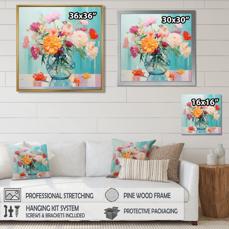 Art floral mural fleurs sauvages, Toile avec cadre flottant or, H 30 po x l 30 po x P 1 po
