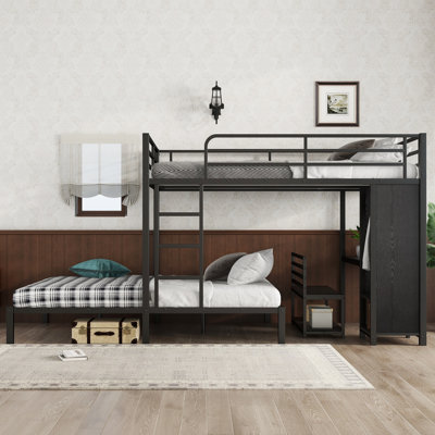 Queen over Queen Metal Bunk Bed with Built-in Wardrobe, Desk and Storage Chairs, Heavy Duty Black Bunk Bed Frame with Ladder and Guardrails for Kids,