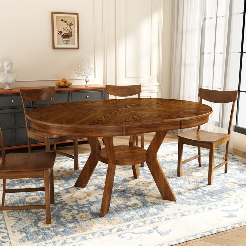 Round 43.7 To 59-Inch Extendable Solid Wood Dining Table Set For 4-6 Person