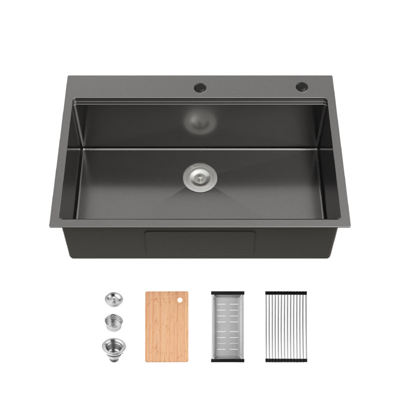 Évier de cuisine en acier inoxydable, lavabo simple sur pied de 33 po x 22 po noir, avec planche à découper et passoire