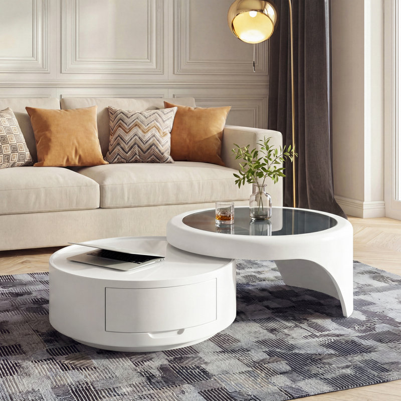 Round Nesting Coffee Table Sets with Storage Drawer Tempered Glass Tabletop for Home Living Room