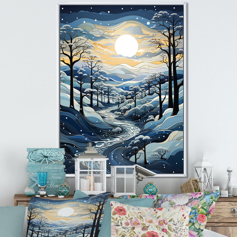 «Blue and White Path Into Winter Forest II», art mural forêt, Cadre flottant doré, H 20 po x l 12 po