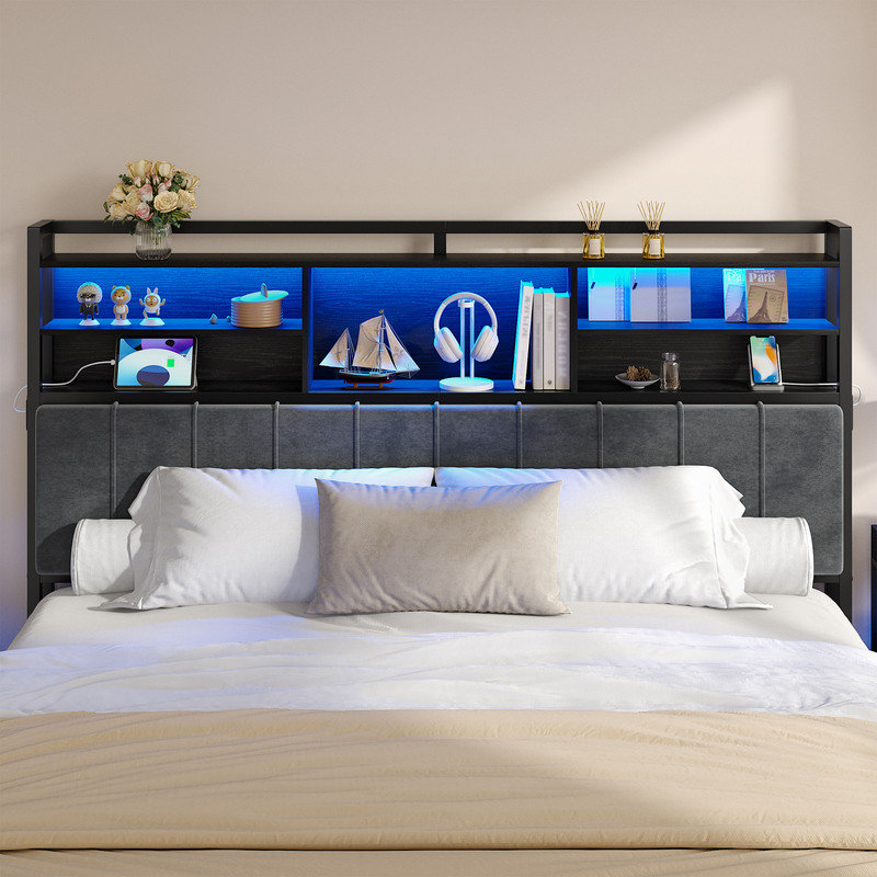 Headboard with 3-Tier Storage Shelves, Velvet Upholstered Head Board with 2 Outlets, USB Ports & LED Light, Soft Backrest for Queen Size Bed,Black