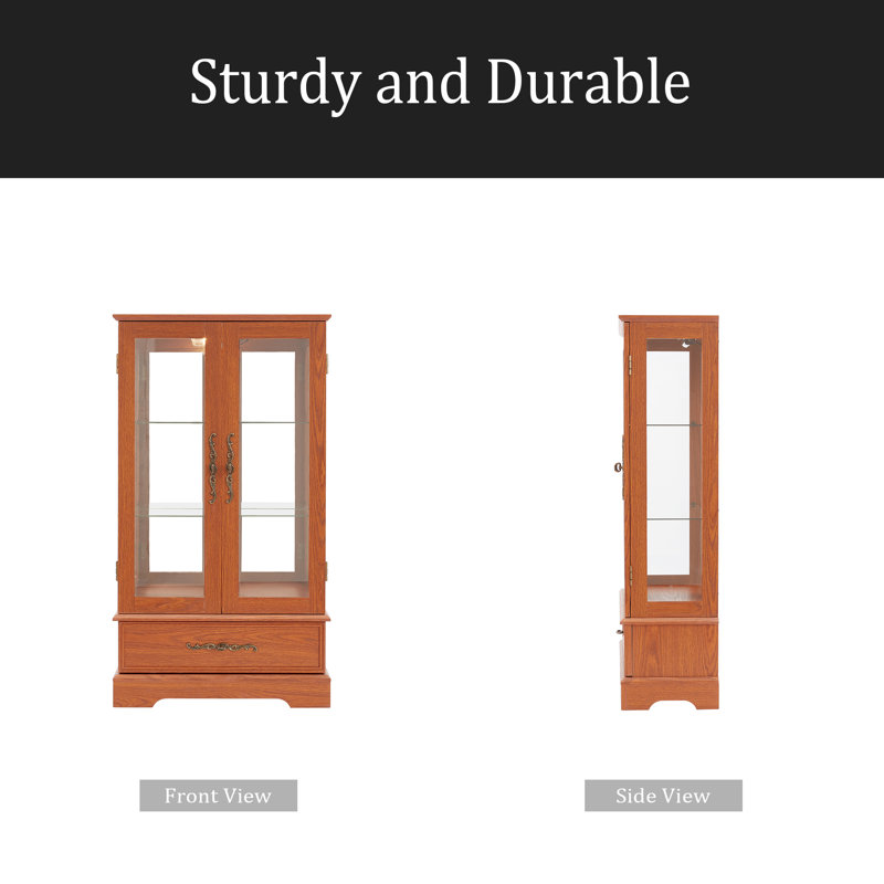 Armoire vitrée avec vitrine éclairée avec tablettes réglables en verre 2 portes et 1 tiroir avec ampoule incluse