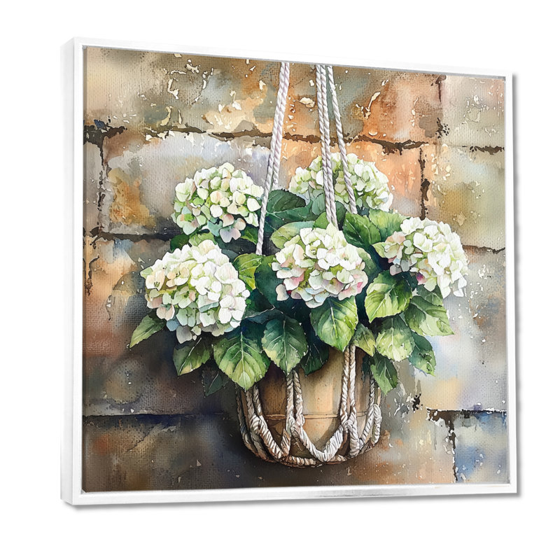 «Hydrangeas In A Macrame I», art sur toile, H 30 po x l 30 po, Impression encadrée flottante, Blanc