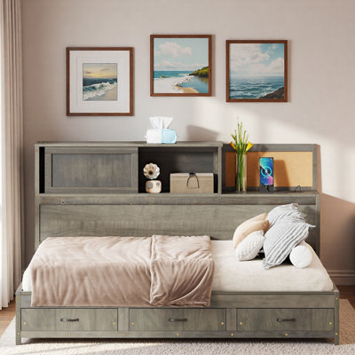 Wooden Daybed With 3 Storage Drawers, Shelf And Charging Station
