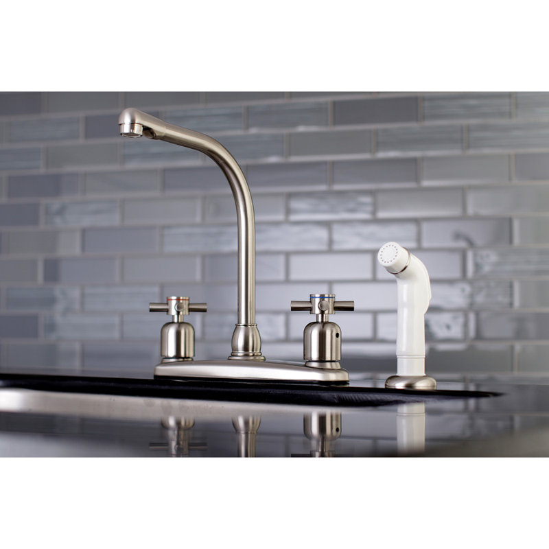 Kingston Brass Concord Two-Handle 4-Hole 8" Centerset Kitchen Faucet with Side Sprayer, Brushed Nickel