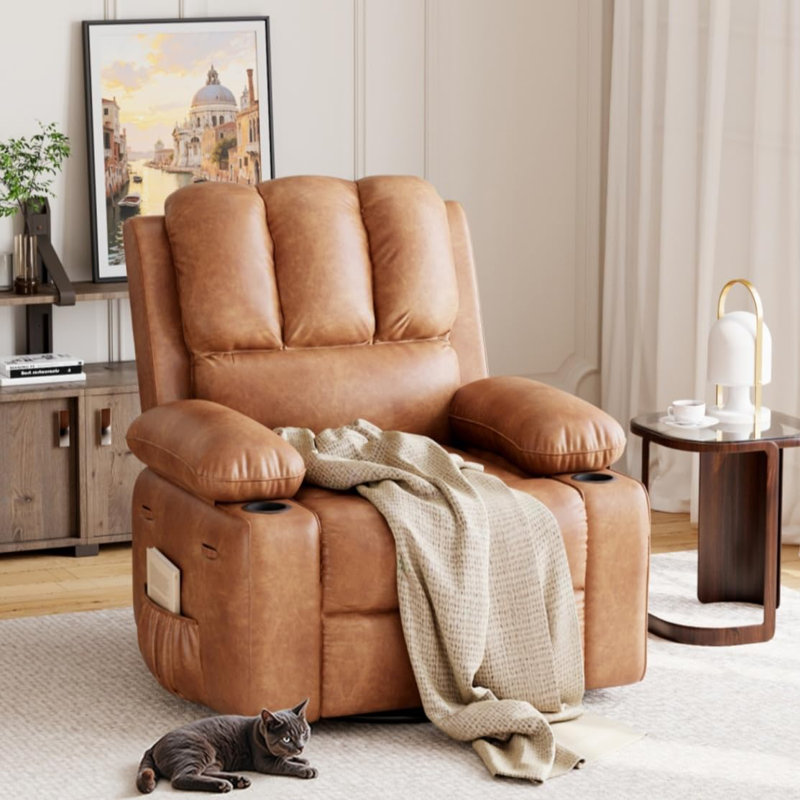 37.4" Oversized Manual Recliner with Heat and Massage, 360 Swivel Rocking Chair 21.3" Seat with Cup Holder, Creamy