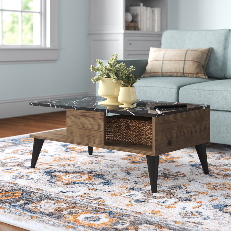 Modern Coffee Table with Walnut & Marble Finish, 35.4 x 15.6 x 21.5 inches | 100% Melamine Coated Particle Board, Thickness: 0.7 inches | Stylish Design with Convenient Shelf Height of 6.7 inches, Perfect for Living Room Décor