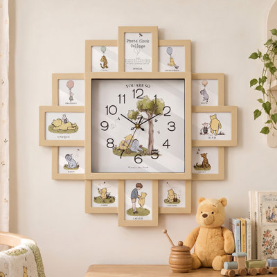 Winnie-the-Pooh Photo Collage Wall Clock, 20" x 20" Tan Picture Frame Holds 12 Photos, Decorative Family Memory Display Clock for Nursery, Bedroom, Living Room, Baby Room & Kids Wall Decor